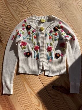 Adorable Cotton Blend Cardigan with Embroidered Bright Flowers